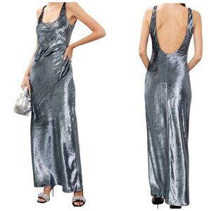 Line & Dot Beaming Velvet Maxi Dress Scoop Back Silver Metallic M
